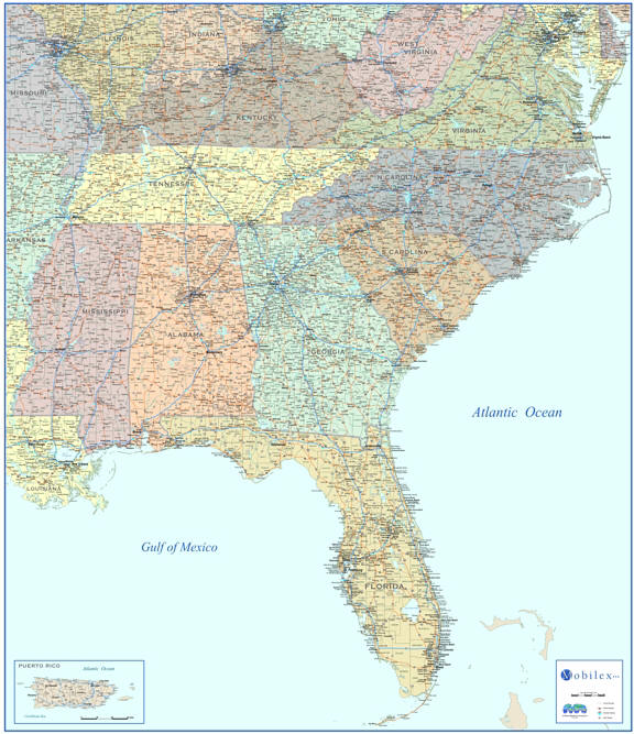 Southeast USA map for business office