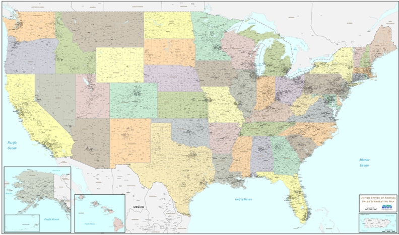 United States Wall Map With County Outines Towns Cities For Business Office
