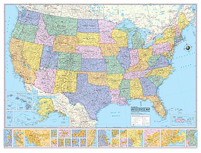 Large World  on Large Pastel Colored Wall Map Of United States