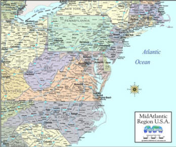 Digital map MidAtlantic States color high resolution