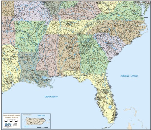 Wall Map Of Southeast United States Southeast Market Area Map