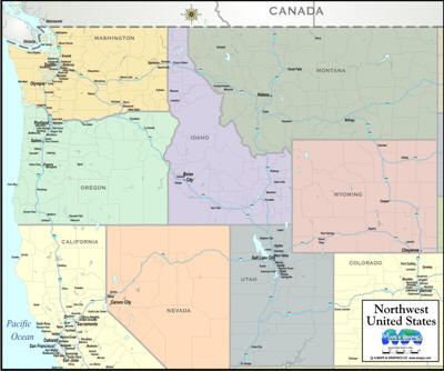Digital Map image Northwest USA color
