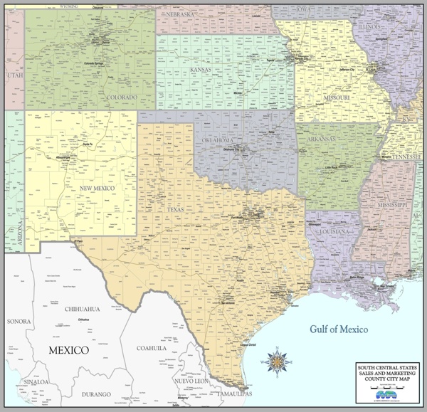 South Central county town wall maps