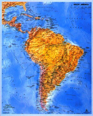 Topographic shaded wall map of South America