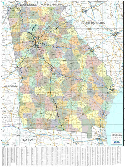 Georgia map with color counties and highways