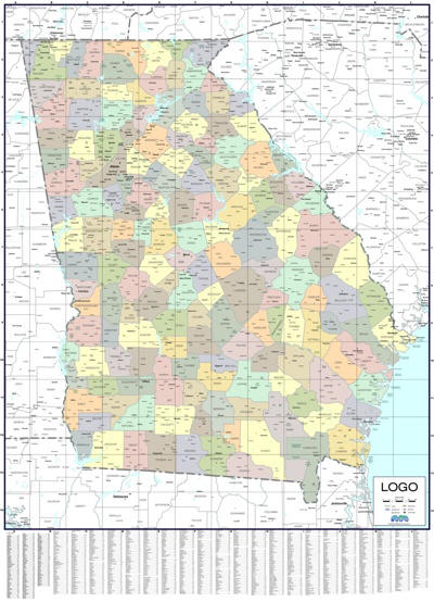 Georgia map with color counties and cities, no highways