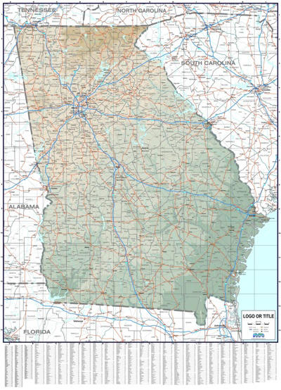 Topographic Color Georgia wall map with counties, cities and highways