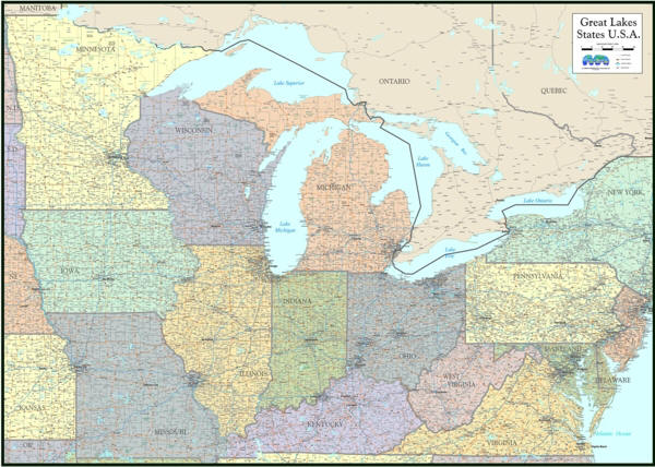 Great Lakes wall map for business office