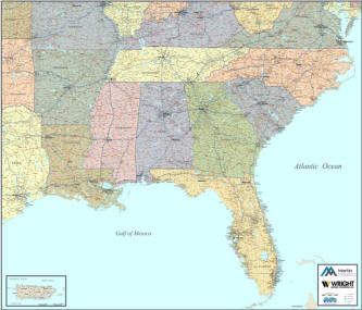 County City Highway business wall map of Southeast US
