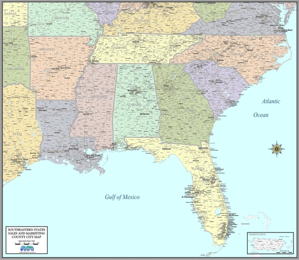 Southeast county town wall maps