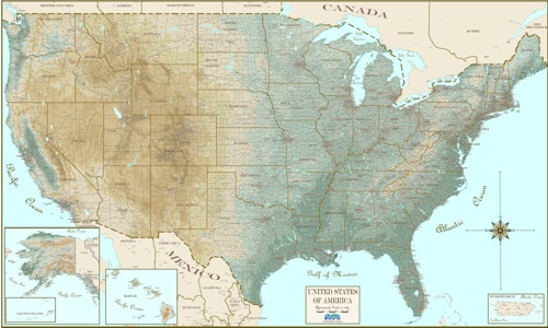 USA map topographic colors by elevation with counties 