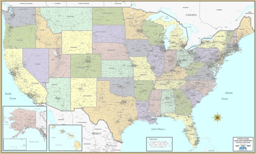 United States map with counties and cities, traditional color states