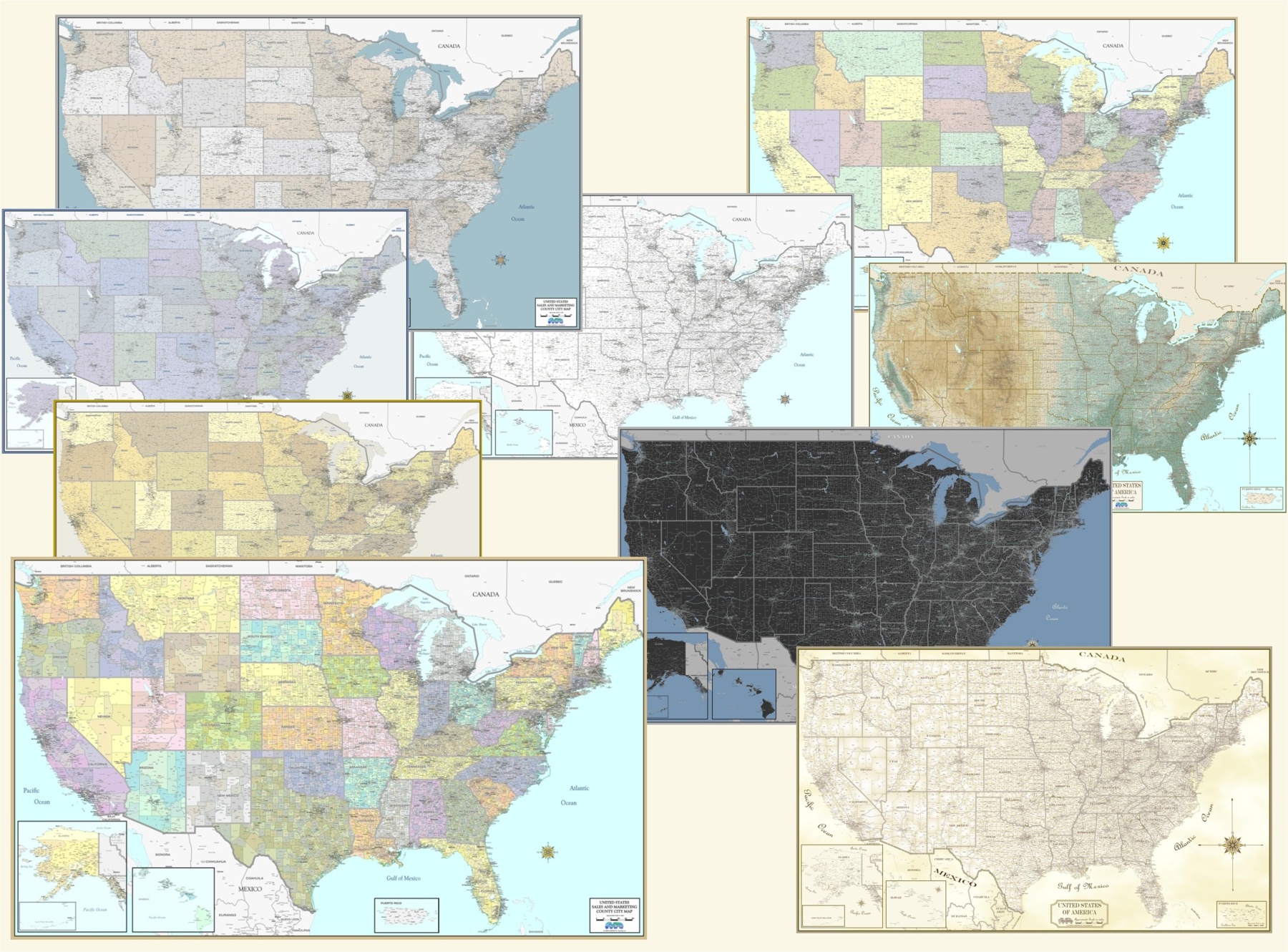 United States laminated wall maps in various beautiful colors and styles