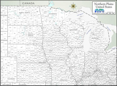 Digital map of Northern plains states with just counties
