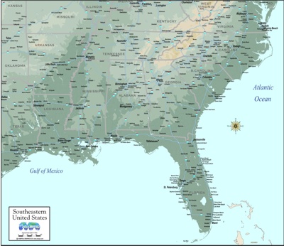 Download Southeast topographic map green brown by elevation