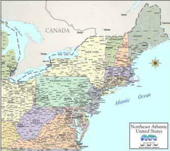 Digital color map of Northeast USA counties