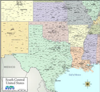 Map South Central color states city county