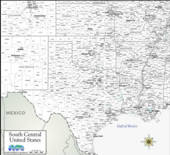 Map South Central USA cities counties