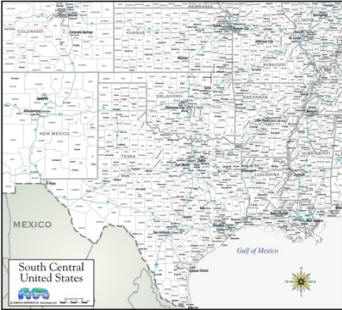 Map South Central white highways cities