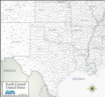 Map South Central USA white county outline